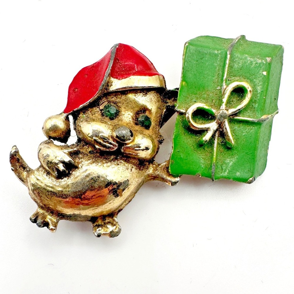 Vintage 90s Gold Tone Christmas Mouse Brooch Pin Green Present Santa Hat Jewelry
